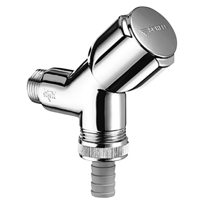 Schell Geräteanschlussventil Comfort 2 - ½″/¾″, Verchromt - Das Bild zeigt ein glänzendes, verchromtes Eckventil mit einem grauen Schlauchanschluss. Das Ventil ist modern und funktional gestaltet.