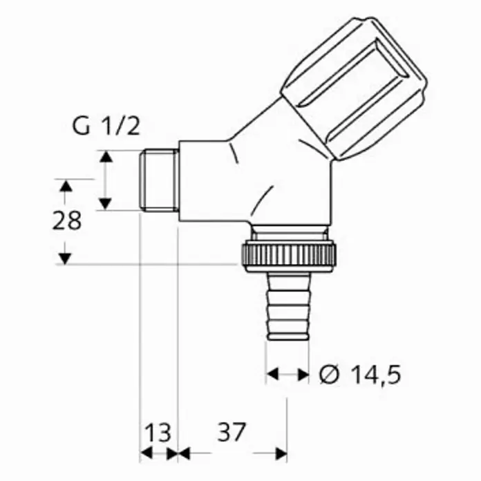 Schell Geräteanschlussventil Comfort 2 - ½″/¾″, Verchromt - Abbildung eines Eckventils mit den Maßen G 1/2, 28 mm Höhe, 13 mm und 37 mm Abstand sowie einem Durchmesser von 14,5 mm.