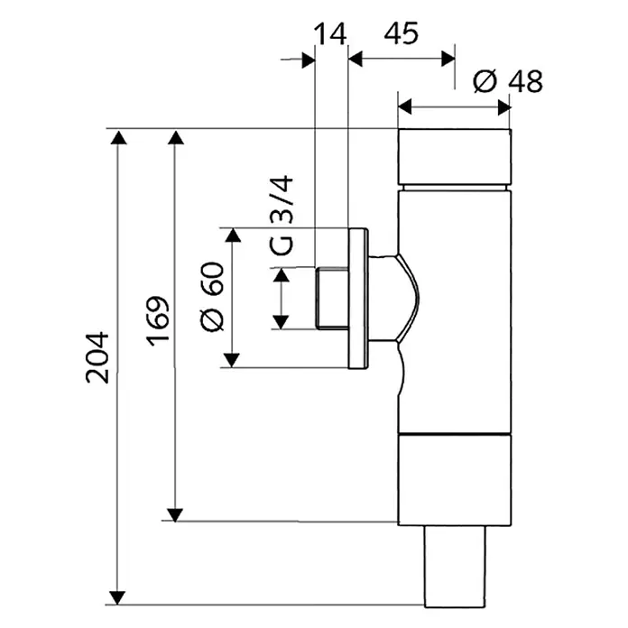 Schell WC-Druckspüler - ¾″, Verchromt, Spartaste - Technische Zeichnung eines Ventils mit Maßangaben. Eine detaillierte Darstellung für Installationszwecke.
