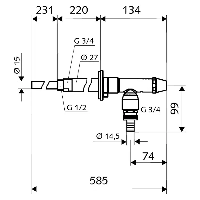 Schell Außenwandventil Polar II Komplett - ¾″ x ½″, Rohrbelüfter - Eine detaillierte Skizze eines Wasserhahn-Verbindungsstücks mit Maßangaben, inklusive Durchmesser und Gewindegrößen.