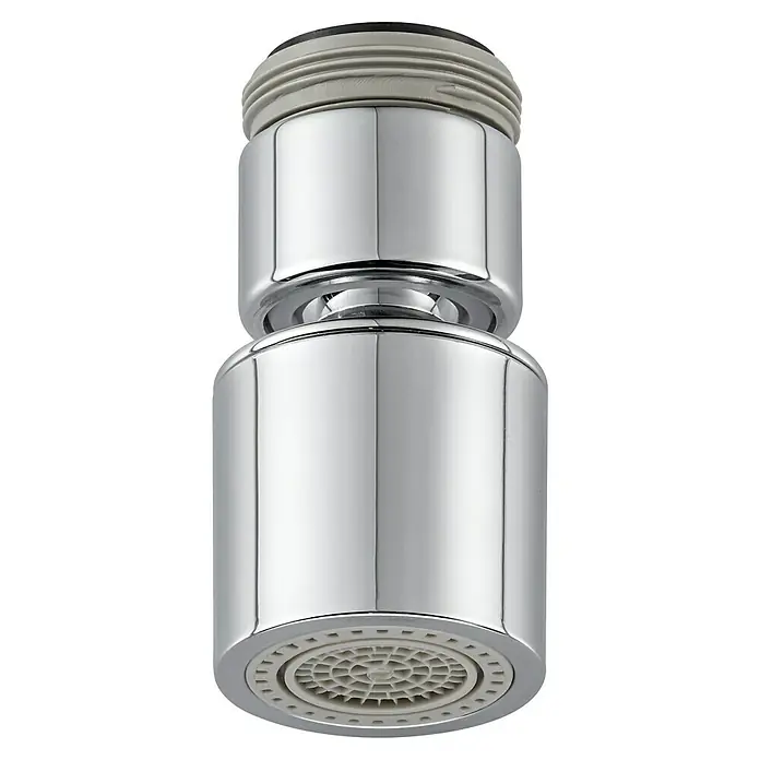Neoperl Aireador VarioDuo - M22/M24, Cromado, Con articulación esférica - Primer plano de un aireador de grifo cromado con un adaptador gris. Proporciona un flujo de agua uniforme y reduce las salpicaduras.