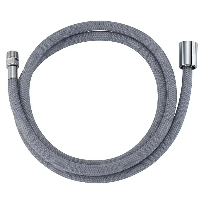 Anschlussschlauch Cuisine Glideflex M15x1 - Länge: 150 cm, Grau - Grauer Wasserhahn-Verbindungsschlauch mit Metallanschlüssen an beiden Enden, auf schwarzem Hintergrund zu sehen.