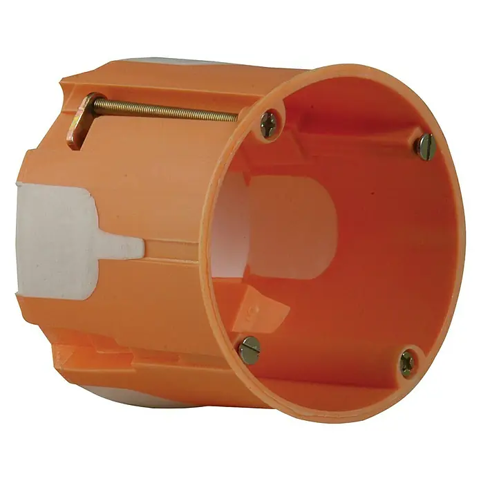 UniTEC Hohlwanddose - 68 x 61 mm, 1-fach, Orange, 1 Stk. - Nahaufnahme einer orangefarbenen Gerätedose aus Kunststoff mit Befestigungsschrauben und Justierschraube für die Installation.