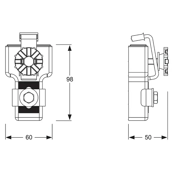 Mepa Wannenanker - 3 -tlg. - Technische Zeichnung eines Gerätes mit Abmessungen. Front- und Seitenansicht mit Längenangaben 60, 98 und 50.