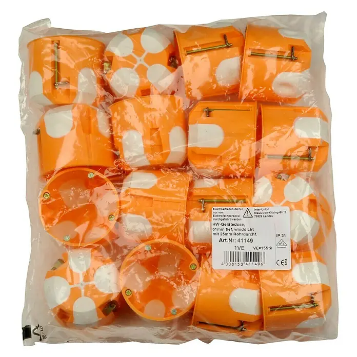 UniTEC Hohlwanddose - 68 x 61 mm, 1-fach, Orange, 15 Stk. - Eine Packung HW-Gerätedosen, 61mm tief und winddicht, mit 25mm Rohrdurchmesser, ideal für Elektroinstallationen.