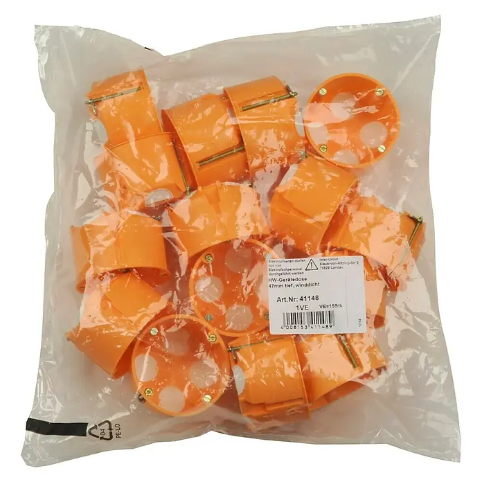 UniTEC Hohlwanddose - 68 x 47 mm, 1-fach, Orange, 15 Stk. - Eine Packung mit HW-Gerätedosen, 47mm tief und winddicht, verpackt in einer transparenten Plastiktüte.