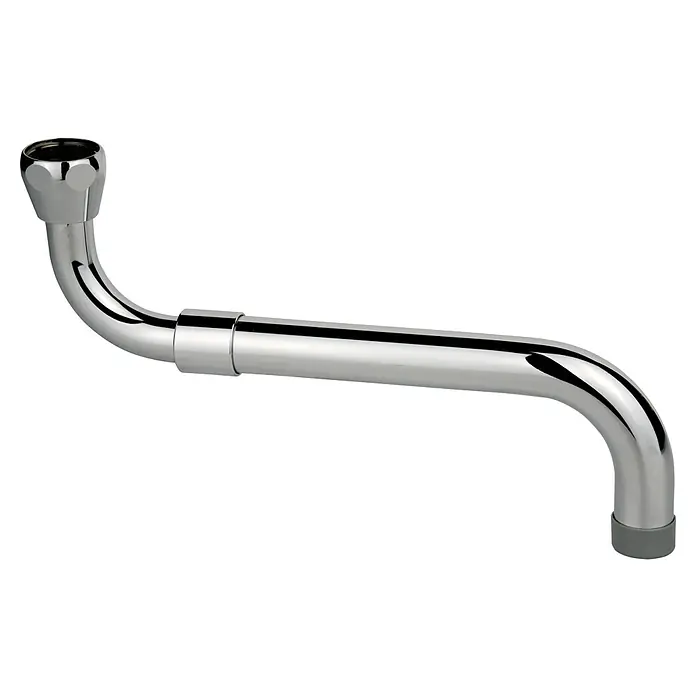 Universal-Auslauf - ¾″, Länge: 28 cm, Chrom - Glänzendes, verchromtes S-Rohr, ein wesentlicher Bestandteil für die Sanitärinstallation, auf schwarzem Hintergrund.