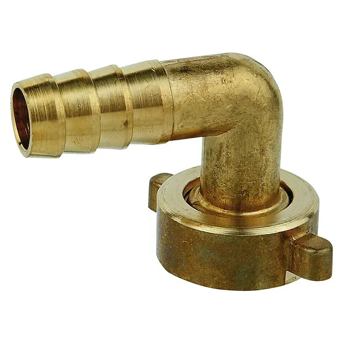 Winkel-Schlauchverschraubung - Gewinde: ½″, Größe Anschluss: ½″ - Abgewinkeltes Schlauchkupplungsstück aus Messing.