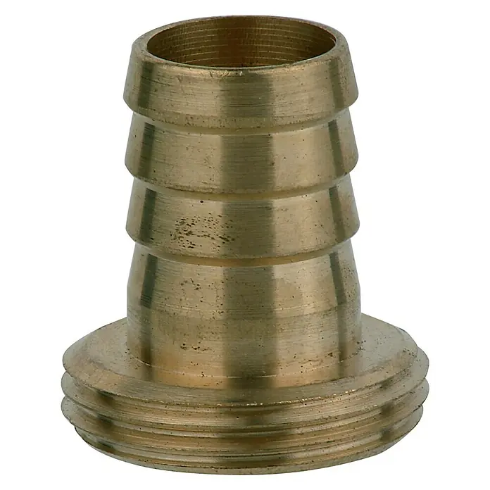 Schlauchverschraubung Vaterteil - Gewinde: ¾″, Größe Anschluss: ½″ - Nahaufnahme eines Messing-Schlauchtüllen-Adapters mit gerändeltem Ende, verwendet für die Verbindung von Schläuchen und Rohren.