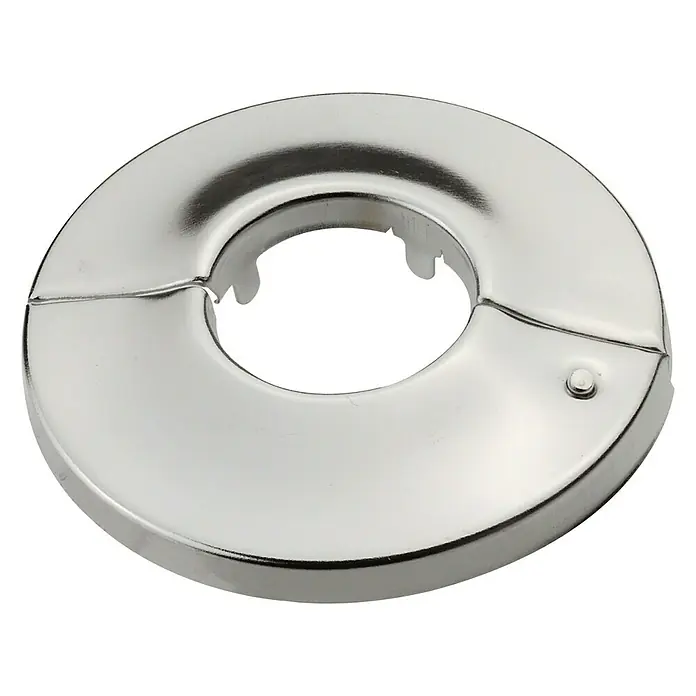 Rosette - ⅜″, Chrom - Glänzende, geteilte Rosette aus Chrom. Das runde Sanitärzubehör dient als dekorative Abdeckung für Rohrdurchführungen.