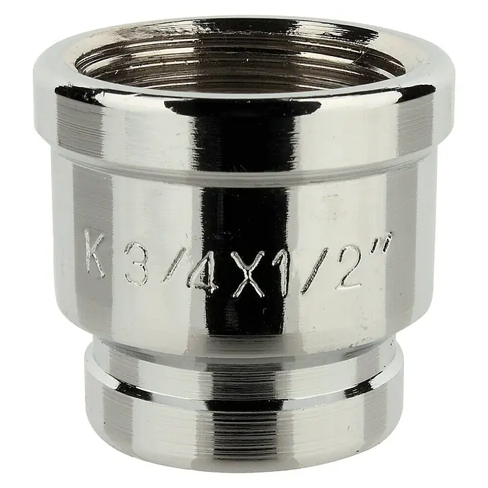 Reduziermuffe - ¾″/½″, Messing, Verchromt - 3/4 x 1/2 Zoll Sanitäradapter aus Chrom. Der Adapter dient zum Verbinden von Rohren mit unterschiedlichen Durchmessern im Sanitärbereich.
