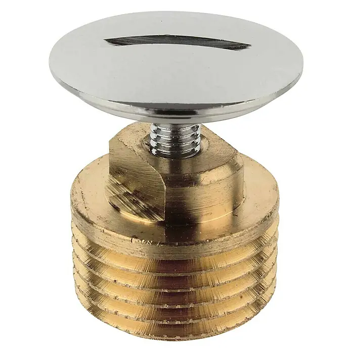 Stopfen - ½″, Messing, Verchromt - Detailaufnahme eines Ablaufstopfens mit Schlitzkopf, der aus Metall gefertigt ist und ein glänzendes, widerstandsfähiges Finish aufweist.