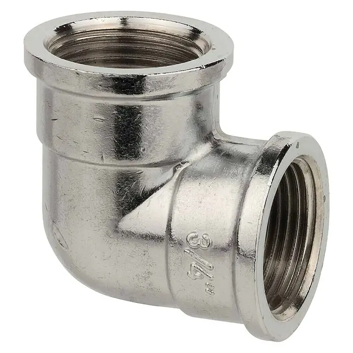 Winkel II - ⅜″, Verchromt - Ein silberfarbener 90-Grad-Winkel mit Innengewinde, ideal für Sanitär- und Heizungsanwendungen, bietet zuverlässige Verbindungen.