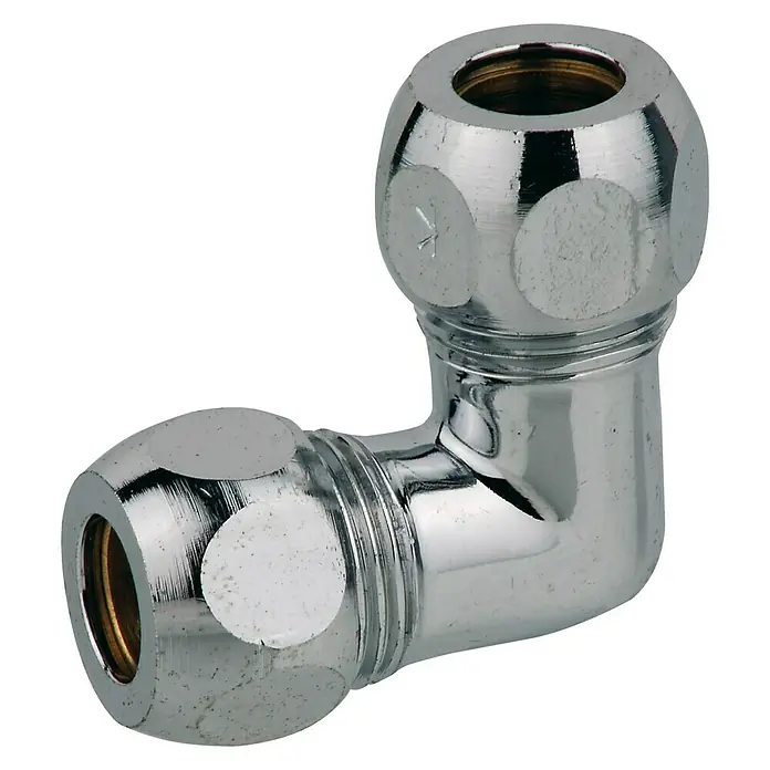 Winkelverschraubung - ⅜″, Durchmesser Rohranschluss: 10 mm - Ein verchromtes 90-Grad-Winkelstück mit Kompressionsanschlüssen, ideal für Sanitärinstallationen und Rohrsysteme, glänzend und robust.