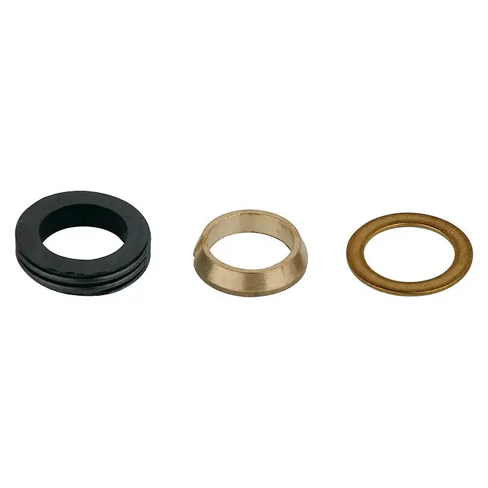 Quetschdichtung - ½" x 10 mm, 3 -tlg. - Drei verschiedene Dichtungsringe, ein Gummidichtring und zwei goldene Dichtungsringe, für Sanitärinstallationen.