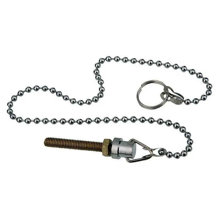 Ventilkette Mit Gewindeschraube - Länge: 30 cm, Gewindeschraube - Ein Toilettenkettenersatz mit Kugelketten, Messingschraube, Mutter, und einem Metallzylinder mit einem Haken.