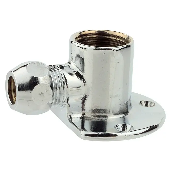 Wandscheibe - ½″, 12 mm, Verchromt - Ein glänzendes, verchromtes Anschlussstück mit Gewinde und einer Montageplatte, ideal für Sanitäranwendungen, auf schwarzem Hintergrund.