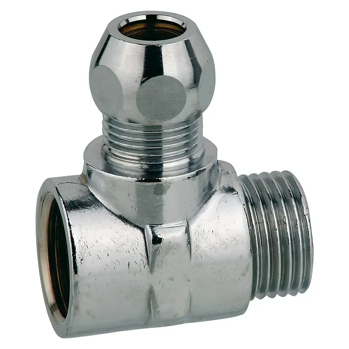 T-Quetschverschraubung - ½″, Durchmesser Rohranschluss: 10 mm - Ein glänzendes, verchromtes T-Stück-Rohrverbindungsstück, das für Sanitäranwendungen ideal ist und über Gewindeenden für einfache Installation verfügt.