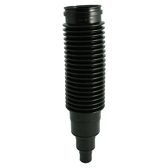 Dunstrohranschluss - 75 mm, Nennweite: DN 75/110, Nennweite: DN 75/50 - Schwarzer flexibler Ablaufschlauch mit geripptem Design und glatten Enden für verschiedene Sanitäranwendungen, robust und anpassungsfähig.