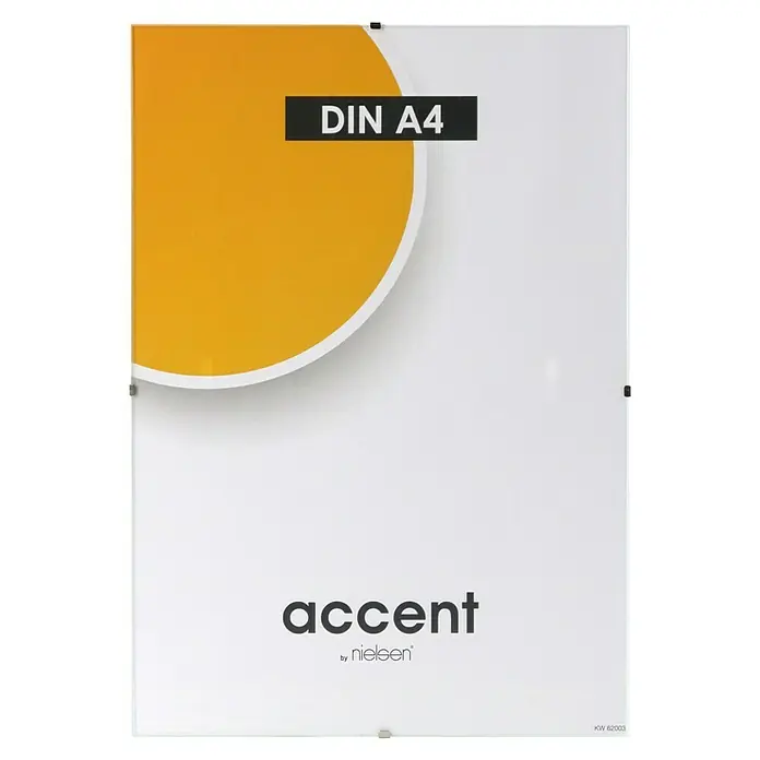 Rahmenloser Bilderrahmen - DIN A4 / 21 x 29,7 cm, Normalglas - Das Bild zeigt einen Nielsen Accent DIN A4-Rahmen mit gelbem Füllmuster, der für eine elegante Präsentation sorgt.