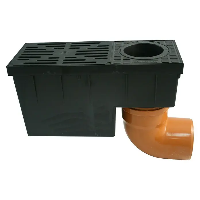Marley Einlaufkasten RSK 2000 - 38 x 19 x 15,7 cm, Schwarz - Kunststoff-Ablaufbox mit Gitterabdeckung und seitlichem Abflussrohr, ideal für Entwässerungssysteme im Außenbereich und zur Ableitung von Oberflächenwasser.
