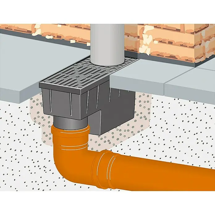 Marley Einlaufkasten RSK 2000 - 38 x 19 x 15,7 cm, Schwarz - Illustration eines Bodenablaufs mit orangem Abwasserrohr, eingebettet in Beton, der Wasser ableitet.