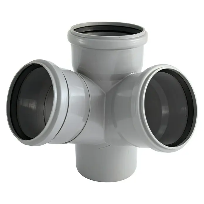 HT-Doppelabzweig - 110 mm, Bogenwinkel: 67 ° - Graue PVC-Doppelabzweigfitting für Sanitäranwendungen, ideal für komplexe Rohrleitungssysteme. Robuste Konstruktion für zuverlässige Verbindungen.