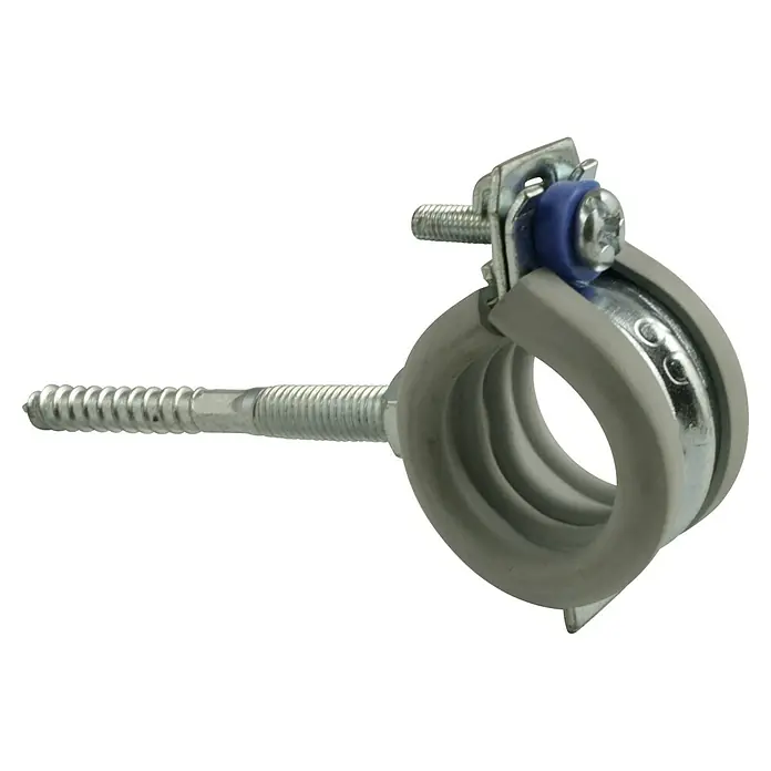 Schallschutz-Schelle - Durchmesser: 26 mm - Eine Rohrschelle mit Gewindestift. Die Schelle ist grau und hat eine blaue Kunststoffeinlage. Befestigungsschraube und Gewindestift sind aus Metall.
