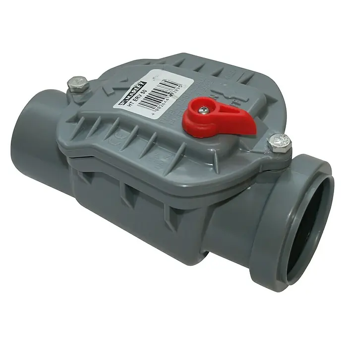 Rückstauverschluss - DN 50 - Ein graues HT ERV 50 Abflussrohrrückschlagventil mit rotem Griff, ideal für Abwassersysteme.