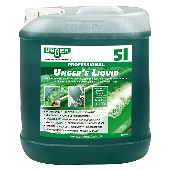 Unger Glasreiniger - 5 l, Kanister - Abbildung eines 5-Liter-Kanisters Unger's Liquid Fensterreiniger Seife, ein professionelles Reinigungswerkzeug für die intelligente Reinigung.