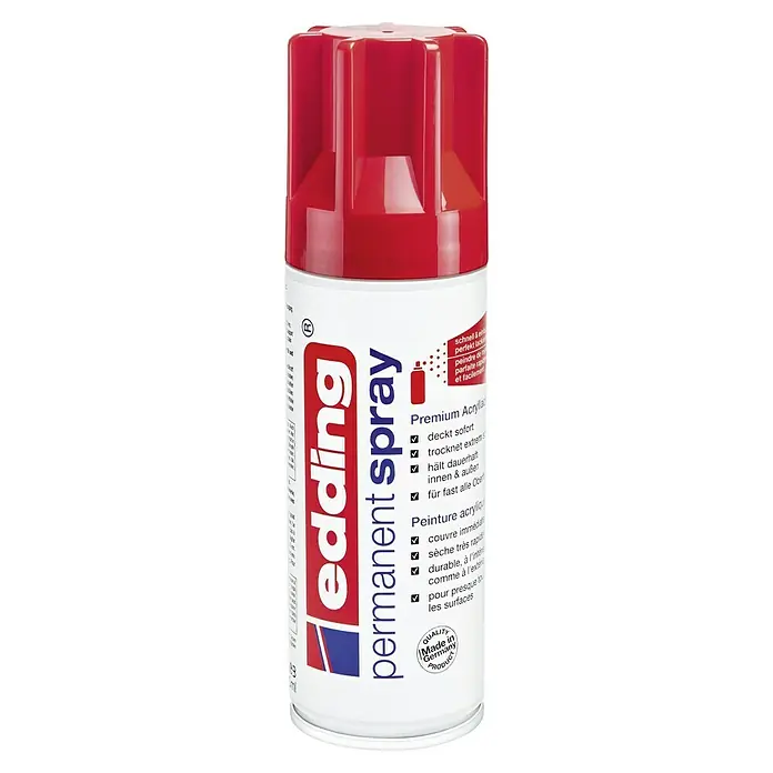 Edding Sprühlack - Verkehrsrot, Glänzend, 200 ml - Abbildung einer roten Edding Permanent Spraydose. Das Spray ist ideal für dauerhafte und schnelle Lackierungen.