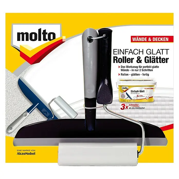 Molto Einfach Glatt Spachtel-Werkzeug2 -tlg., Geeignet für: Molto Einfach Glatt Innen-Fertigspachtel - Abbildung des Molto "Einfach Glatt Roller & Glätter" Sets, ein Werkzeug für glatte Wände und Decken, inklusive Farbroller und Glätter.