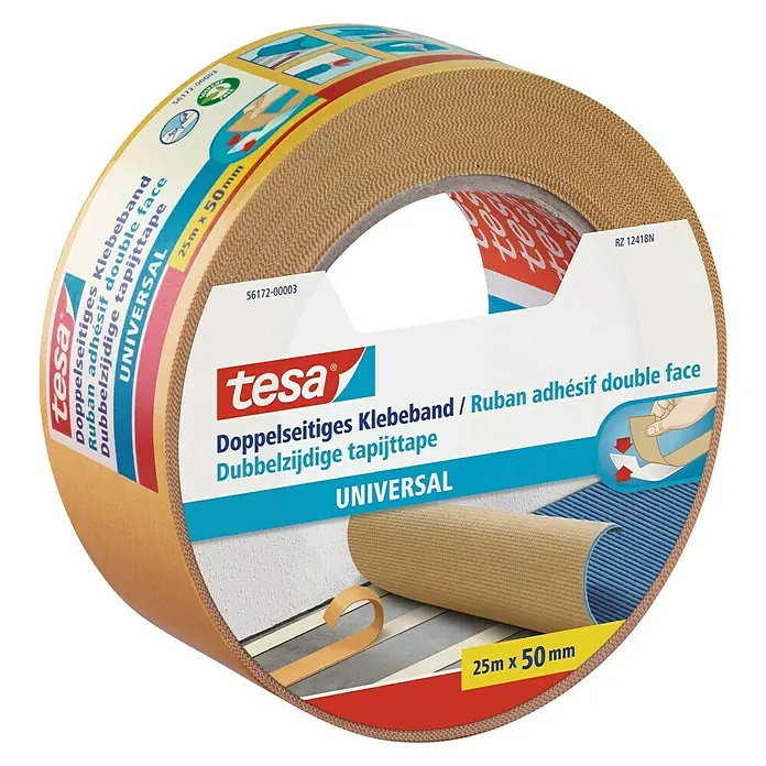 Tesa Doppelseitiges Klebeband Universal25 m x 50 mm - Abbildung einer Tesa doppelseitiges Klebeband Rolle, geeignet für Teppiche, für universelle Anwendungen, 25 m x 50 mm.