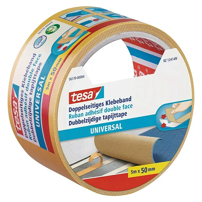 Tesa Doppelseitiges Klebeband Universal - 5 m x 50 mm - Eine Rolle Tesa Doppelseitiges Klebeband Universal, ideal für Teppiche und andere Anwendungen.