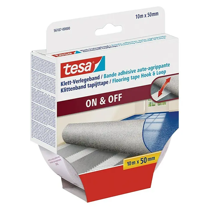 Tesa Klett-Verlegeband - 10 m x 50 mm, Geeignet für: Vlies/Filz - Produktbild von Tesa Klett-Verlegeband für Teppiche und andere Bodenbeläge, selbstklebend und wiederlösbar, 10 m x 50 mm.