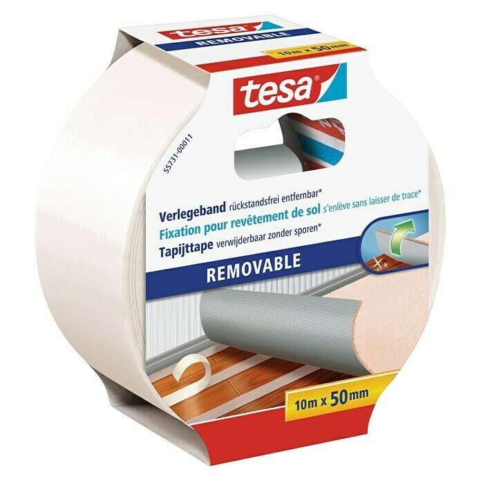 tesa Verlegeband (10 m x 50 mm, Beidseitig selbstklebend, Rückstandslos entfernbar, Geeignet für: Teppiche)