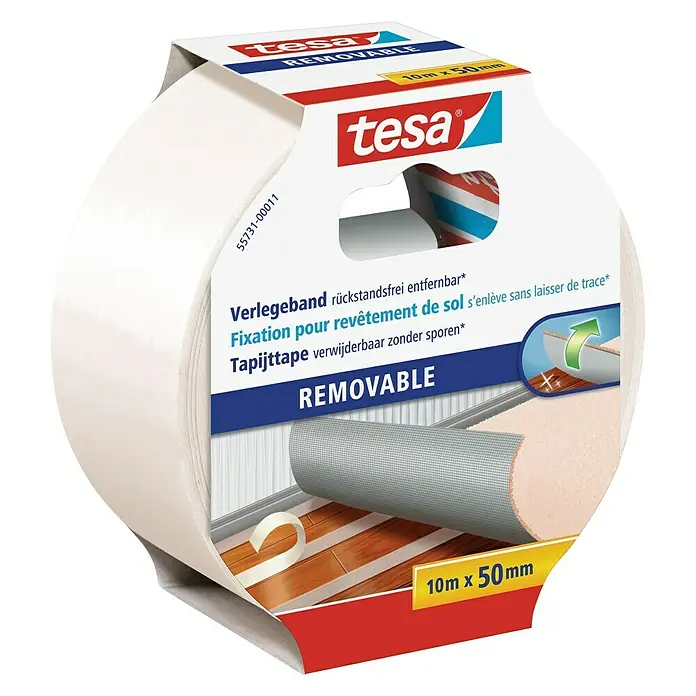 Tesa Verlegeband - 10 m x 50 mm, Beidseitig selbstklebend, Rückstandslos entfernbar, Geeignet für: Teppiche - Eine Rolle Tesa Removable Verlegeband, ideal für rückstandsfreie Bodenbeläge, 10 m x 50 mm.