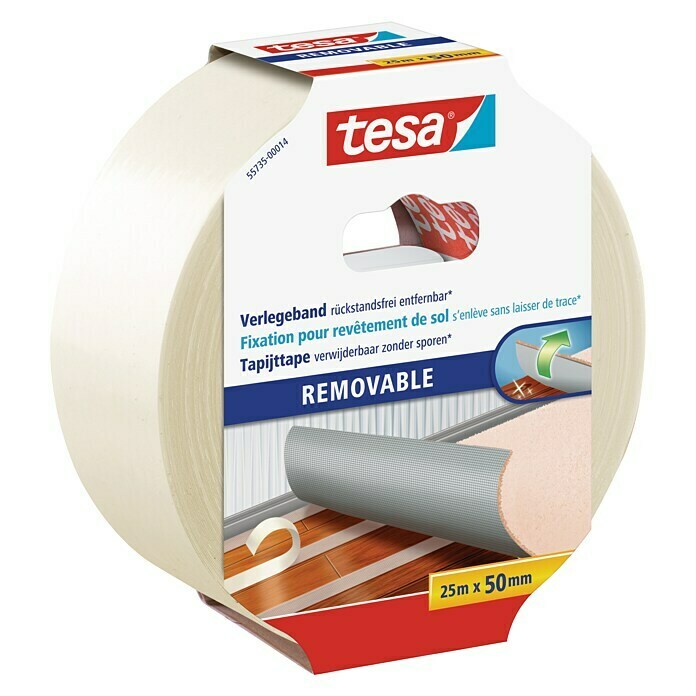 tesa Verlegeband (25 m x 50 mm, Beidseitig selbstklebend, Rückstandslos entfernbar, Geeignet für: Teppiche)