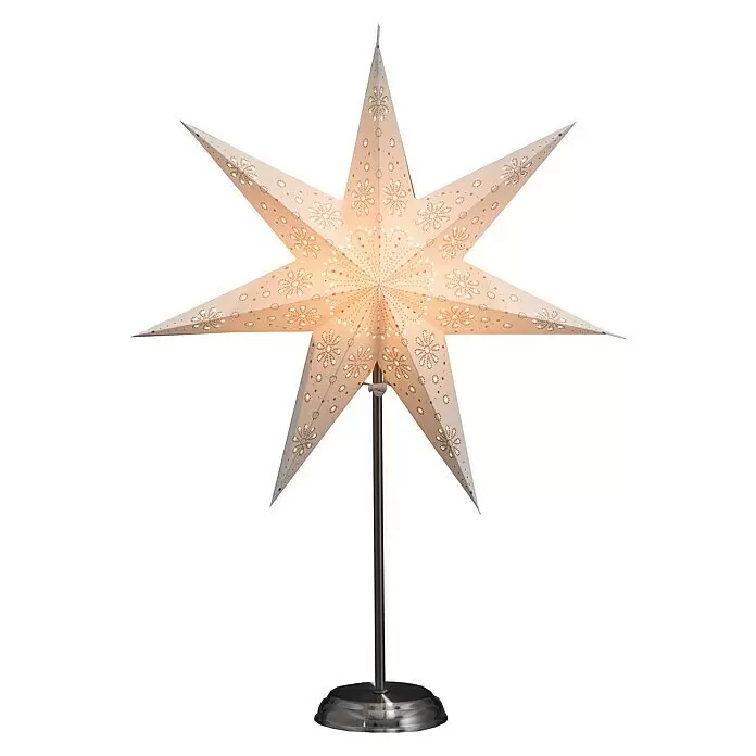 Konstsmide LED-Stern - Weiß, IP20, Netzbetrieben - Beleuchtete weiße Sternlampe mit filigranen Mustern auf schlankem Metallfuß.