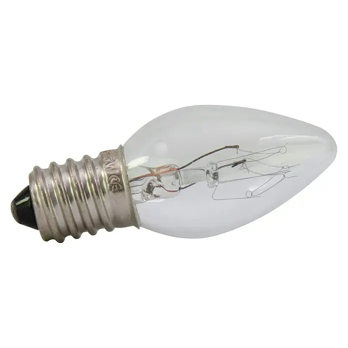REV Ersatzlampe - 5 W, E14 - Nahaufnahme einer klaren Glühbirne mit Gewinde und Glühfaden, die für Beleuchtungszwecke in verschiedenen Geräten verwendet wird.