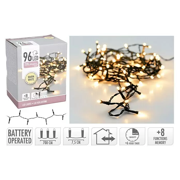 LED-Lichterkette - Außen, 7,2 m, Lichtfarbe: Warmweiß, Anzahl Leuchtmittel: 96 Stk., Batteriebetrieben - 96 warmweiße LED-Lichterkette, 7m, batteriebetrieben mit 6h-Timer & 8 Funktionen.