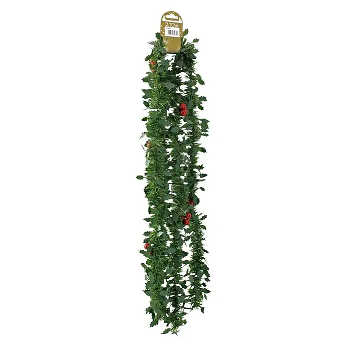 Dekoartikel Hängelametta gewellt - Grün, Kunststoff - Festliche 2,7 m lange Weihnachtsgirlande mit Stechpalmenblättern und roten Beeren. Perfekt für die weihnachtliche Dekoration im Innen- und Außenbereich.