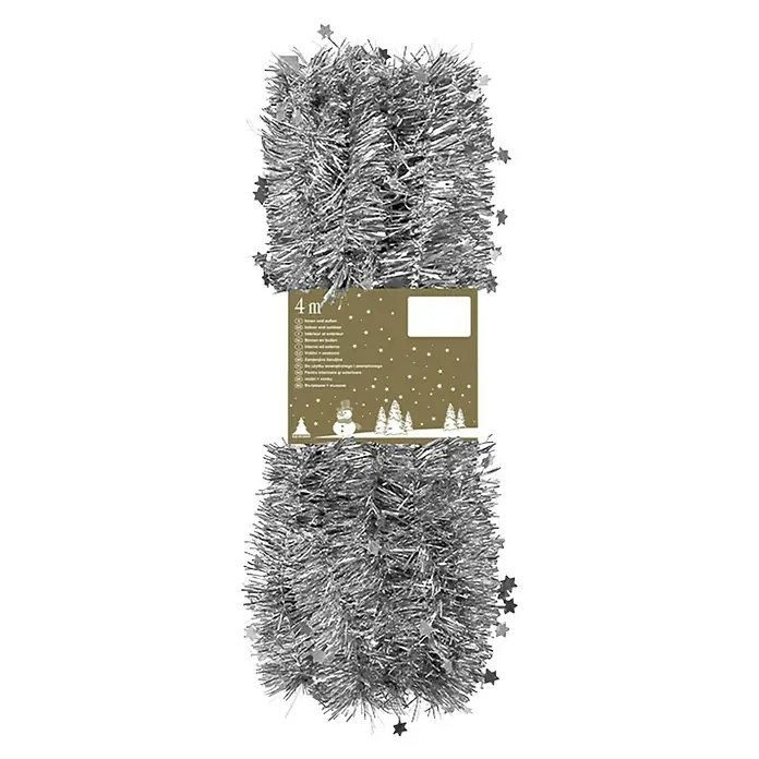 Christbaumschmuck Sternchengirlande - Silber, Kunststoff, Eckig - Silberne Weihnachtsbaumgirlande, 4 m lang, mit Sternen und Schneeflocken für festliche Dekorationen im Innen- und Außenbereich.