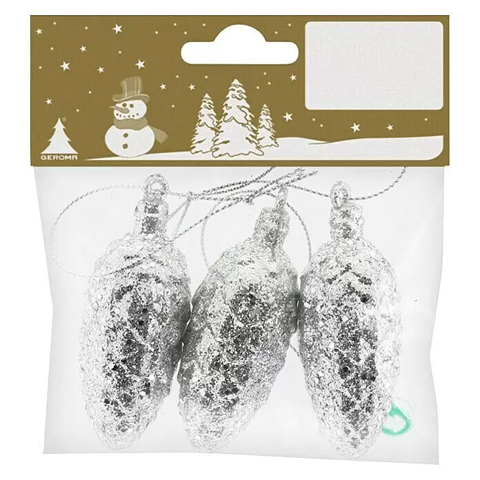 Girlande Folie - Länge: 270 cm, Kunststoff, Silber - Drei silberne Glitzer-Tannenzapfen-Weihnachtsanhänger in klarer Plastikverpackung.