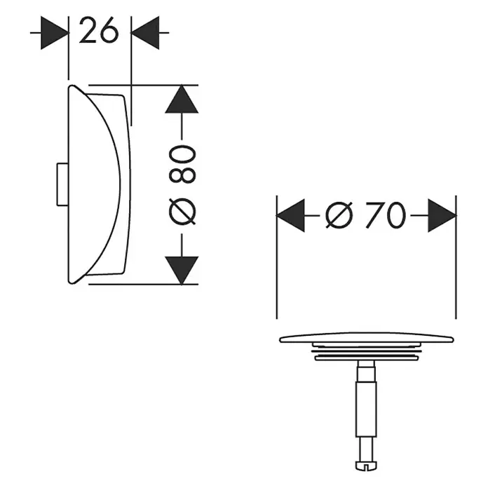 Hansgrohe Ausstattungs-Set Exafill S - 2 -tlg., Verchromt - Technische Zeichnung eines Waschbeckenstöpsels mit den Maßen Durchmesser 80 und 70 mm sowie einer Tiefe von 26 mm.