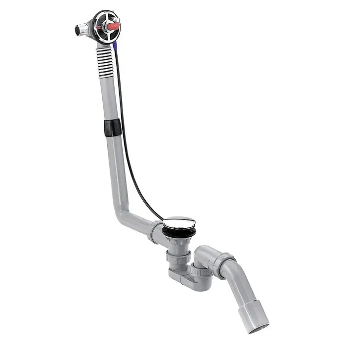 Hansgrohe Ab- & Überlaufgarnitur Exafill S - Kunststoff, 1 ½″, Geeignet für: Handelsübliche Badewannen - Dieses Bild zeigt einen Badezimmerablauf mit Überlaufgarnitur. Er ist aus grauem Kunststoff gefertigt und mit einem verchromten Stopfen versehen.
