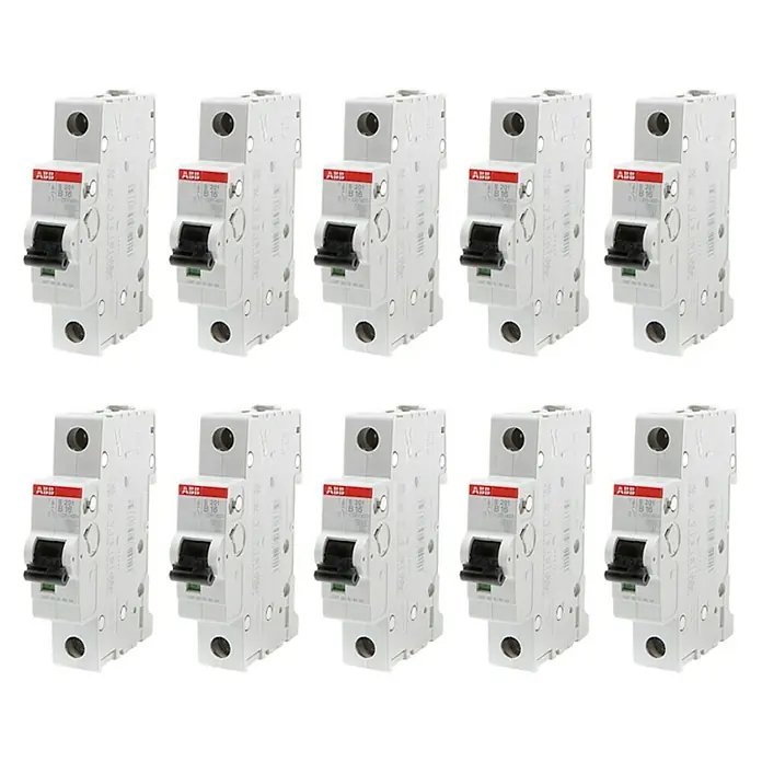 ABB System pro M compact Sicherungsautomat S201 B16A - B, 16 A, 6 kA, Polanzahl: 1 Stk., 10 Stk. - Eine Anordnung von zehn ABB-Leistungsschutzschaltern, die für den zuverlässigen Stromkreisschutz in Wohn- und Gewerbegebäuden konzipiert sind.