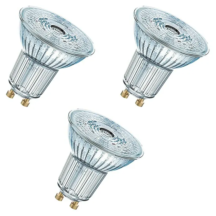 Osram LED-Lampen Set Reflektor GU10 - GU10, Nicht Dimmbar, Warmweiß, 350 lm, 4,3 W, 3 Stk. - Drei klare GU10-Halogenlampen mit Stiftkontakten, die sich ideal für die Akzentbeleuchtung eignen. Helle, fokussierte Lichtquelle.