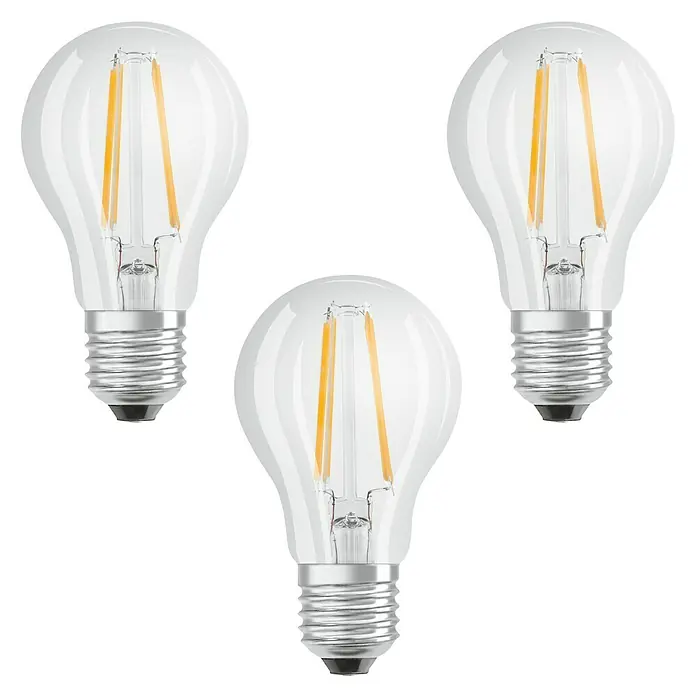 Osram Star LED-Lampen Set Glühlampenform E27 - E27, Nicht Dimmbar, Warmweiß, 806 lm, 7 W, 3 Stk., Klar - Nahaufnahme von drei klaren LED-Glühbirnen, die ein warmes, einladendes Licht ausstrahlen.