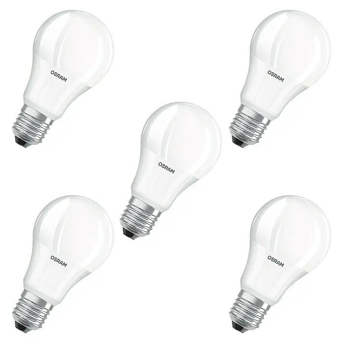 Osram LED-Lampen Set Glühlampenform E27 matt - E27, Nicht Dimmbar, Warmweiß, 806 lm, 9 W, 5 Stk. - Fünf OSRAM LED-Lampen mit E27-Sockel auf schwarzem Hintergrund. Energieeffiziente und langlebige Beleuchtungslösung für Ihr Zuhause.